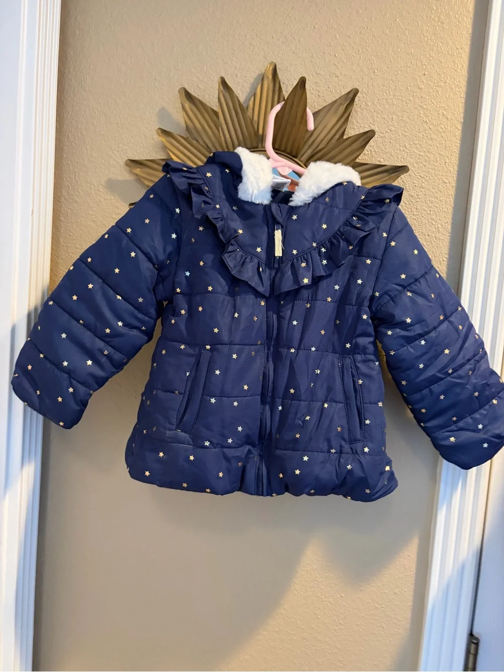 Carters Little Me Navy Gold Star White Faux Fur Ruffle Puffer Coat 24 Months